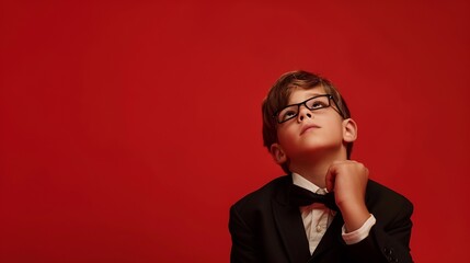 Young boy plays role of businessman against vibrant red studio background Children dreaming big and exploring different occupations Concept of children dreams future career games fanta : Generative AI