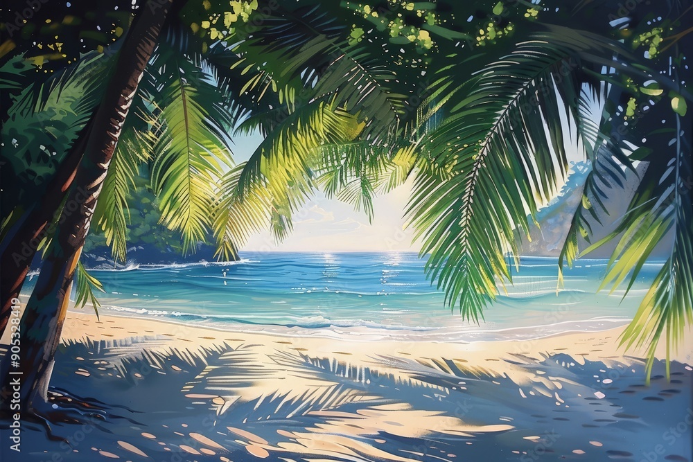 Wall mural a painting of a beach with palm trees