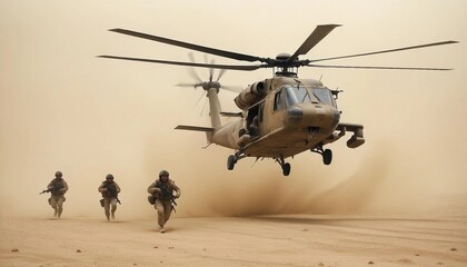 a group of soldiers marching through the dusty desert and support helicopters flying overhead
