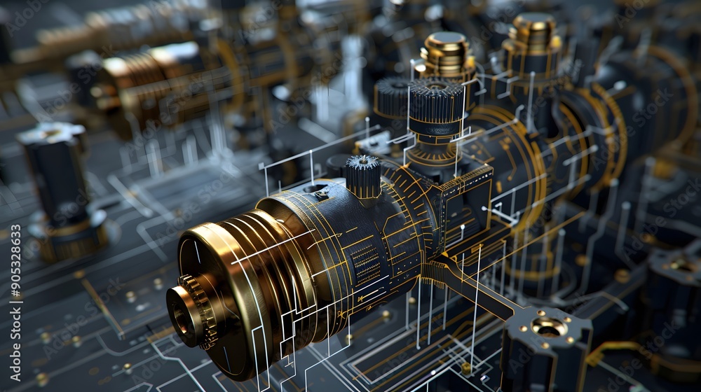 Poster detailed 3d mechanical engine blueprint with exploded view, highlighted with gold and chrome details