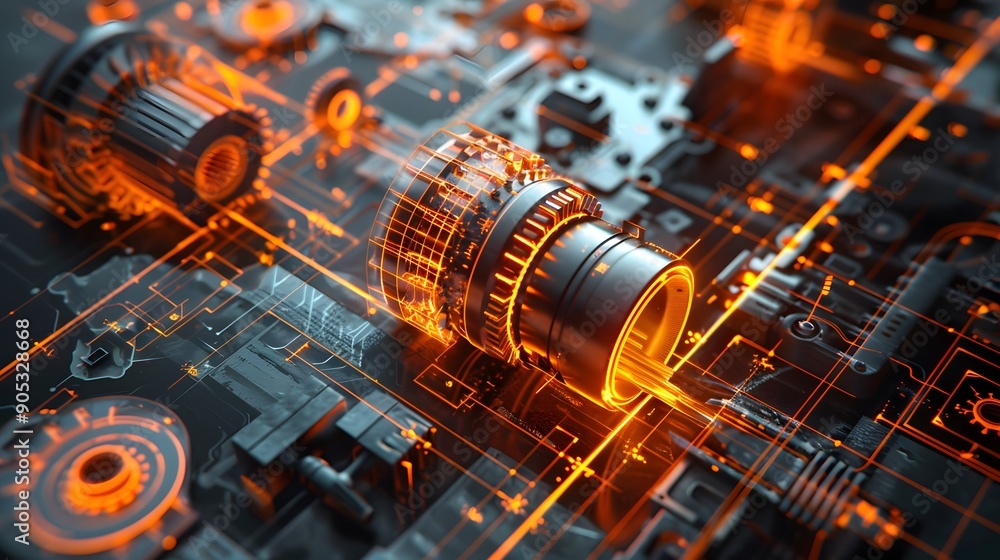 Poster detailed 3d mechanical engine blueprint with exploded view, rendered in a photorealistic style