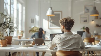 Fototapeta premium Collaborative Creative Workspace in Bright Office With People Engaged in Projects. Generative AI