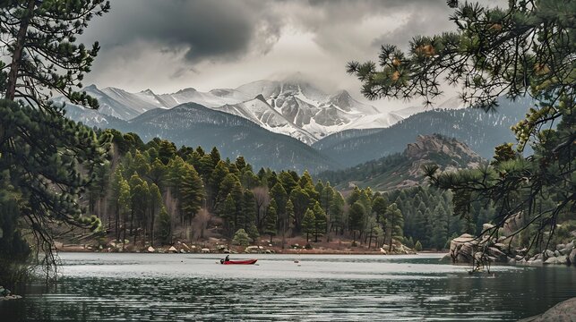 Manitou Lake on overcast day with snowy mountain pikes peak in background framed by patches of firest trees where people fish boat and hike : Generative AI