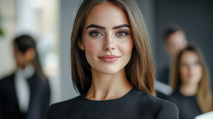 Fototapeta premium Confident Young Professional A Successful and Good-Looking Woman Team Leader Start-up CEO Lawyer or Boss in an Office Setting Exemplifying Leadership and Professionalism with Her Team in the Back