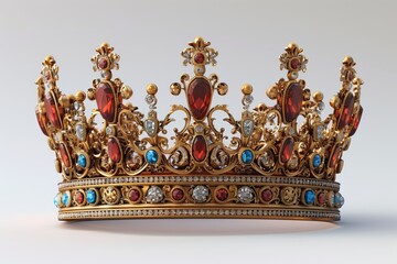 Fototapeta premium Photorealistic king's crown isolated on pure white background. Detailed textures and reflections.