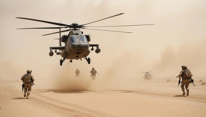 a group of soldiers marching through the dusty desert and support helicopters flying overhead
