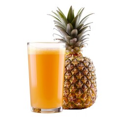 Medium shot of Glass of pineapple juice near the pineapple, isolated on a white background, 