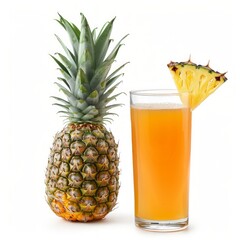 Medium shot of Glass of pineapple juice near the pineapple, isolated on a white background, 
