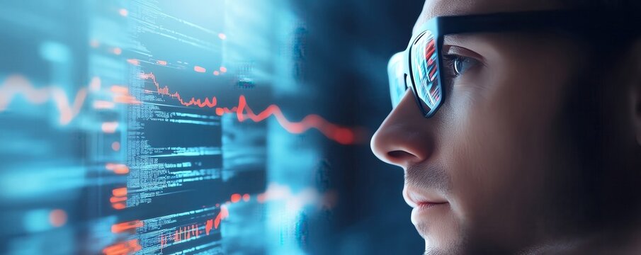 Close-up of a focused person with glasses analyzing computer code and data on multiple screens, exploring technology and programming.