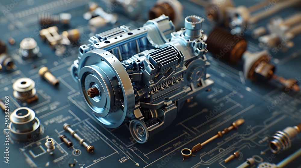 Aufkleber detailed 3d mechanical engine blueprint with exploded view, showing a modular engine design