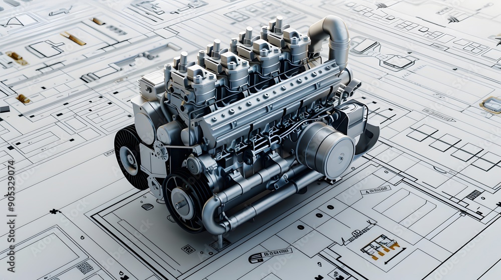 Aufkleber detailed 3d mechanical engine blueprint with exploded view, showing a modular engine design