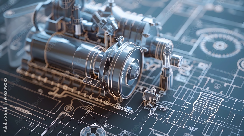 Poster detailed 3d mechanical engine blueprint with exploded view, showing intricate gears and pistons