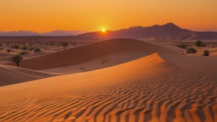 Sunset over the sand dunes in the desert background