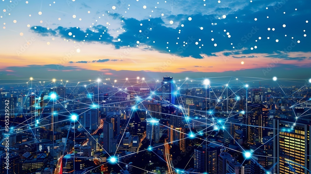 Aufkleber modern city and wireless communication network concept smart city digital transformation vertical vi