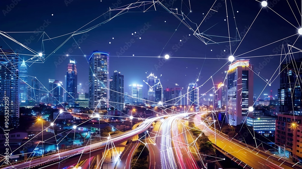 Aufkleber modern city and wireless communication network concept smart city digital transformation visual with