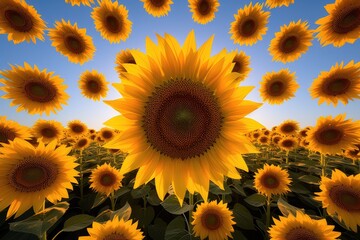 Fototapeta premium A mesmerizing circle of sunflowers against a clear blue sky