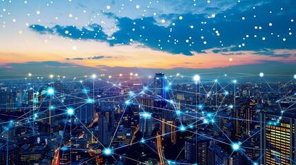 Modern city and wireless communication network concept Smart city Digital transformation Vertical visual for advertisements and banners : Generative AI