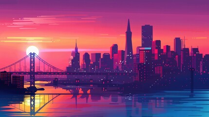 Stunning Silhouette of Urban Cityscape with Majestic Bridge at Sunset