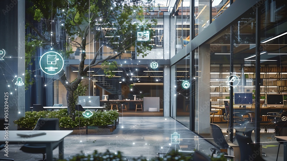 Poster Modern office and communication network concept Smart office Internet of Things : Generative AI