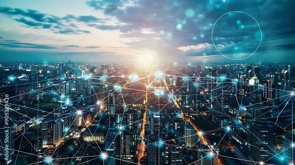 Aufkleber Telecommunication network above city wireless mobile internet technology for smart grid or 5G LTE data connection concept about IoT global business fintech blockchain : Generative AI