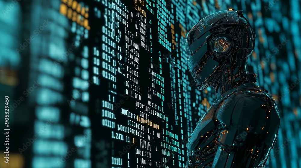 Poster a humanoid robot analyzing complex code on a digital screen, symbolizing ai and machine learning.