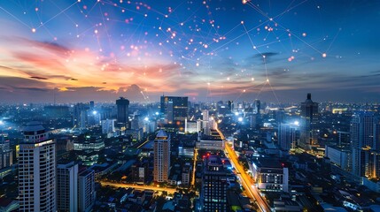 Fototapeta premium Wireless network and Connection technology concept with Abstract Bangkok city background in panorama view : Generative AI