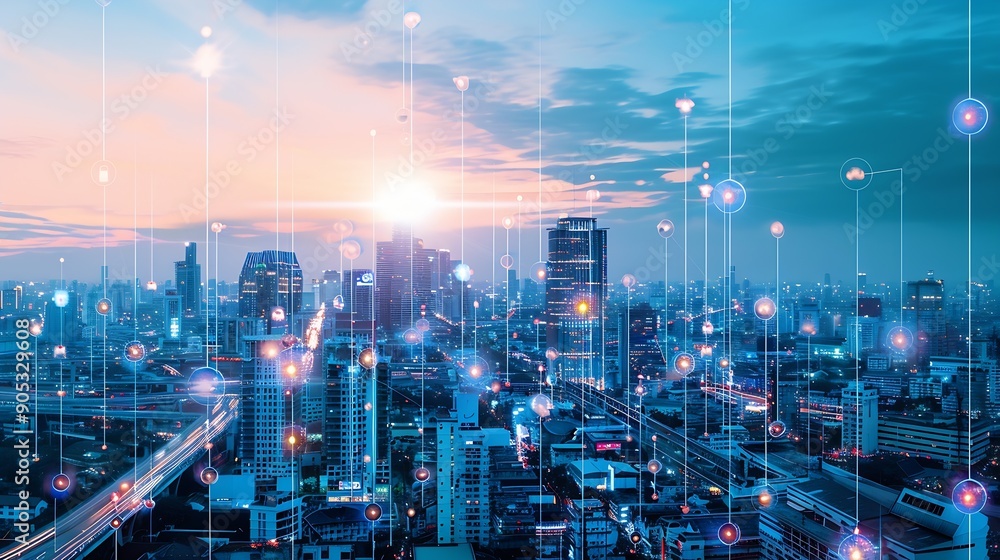Poster energy digitalization smart city with wireless network and connection technology concept with abstra