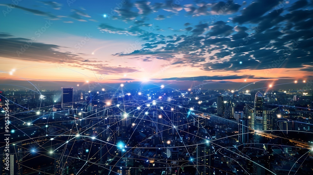 Poster Smart digital city with connection network reciprocity over the cityscape  Concept of future smart wireless digital city and social media networking systems that connects people within : Generative AI