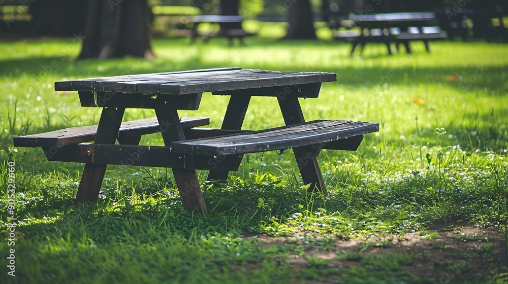 Poster park picnic table bench rest relax outdoors benches and tables on green grass in recreational area :