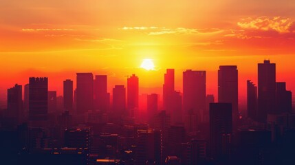 Fototapeta premium Cityscape Silhouette at Sunset - Urban Skyscrapers in Twilight Glow
