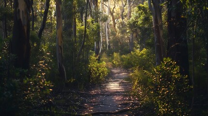 Fototapeta premium Light filled gumtree forest in Booderee national park of Australia Jervis bay area walking track : Generative AI