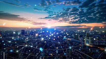 Smart digital city with connection network reciprocity over the cityscape  Concept of future smart wireless digital city and social media networking systems that connects people within : Generative AI