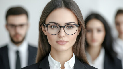 Fototapeta premium Confident Young Professional A Successful and Good-Looking Woman Team Leader Start-up CEO Lawyer or Boss in an Office Setting Exemplifying Leadership and Professionalism with Her Team in the Back