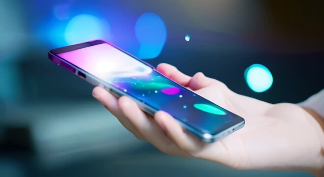Hand holding smartphone with IPS screen blurred technology background