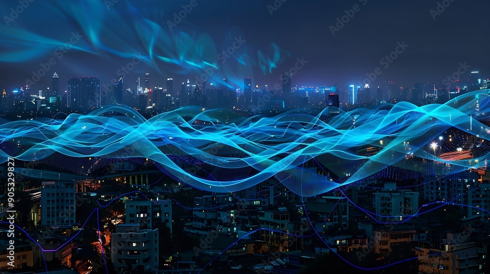 Poster smart city and big data connection technology concept with digital blue wavy wires with antennas on 