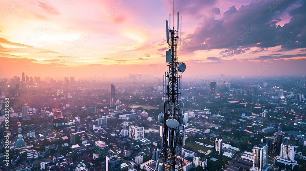 Aufkleber Antenna communication technology with city background Communication tower connect to data of smart city Telecommunication 5G Digital Transformation IoT Internet of Things : Generative AI