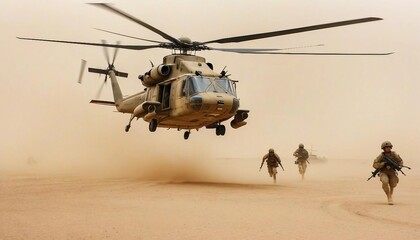 a group of soldiers marching through the dusty desert and support helicopters flying overhead
