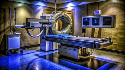 Demonstration of medical equipment, in the hospital premises, ultrasound, MRI, CT, X-ray machine, massage chair