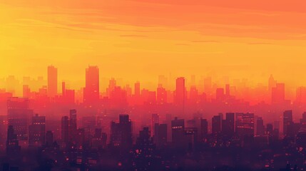 Twilight Serenity Over City: Silhouette of Urban Landscape Against Vibrant Orange-Pink Sunset Sky
