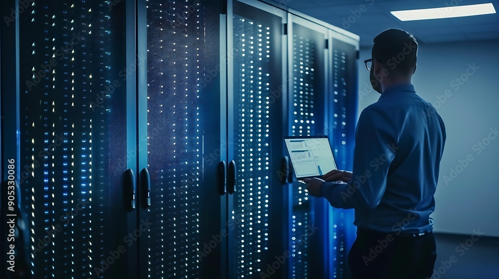 Poster Successful Data Center IT Specialist Using Laptop Computer Server Farm Cloud Computing Facility with System Administrator Working Data Protection Engineering Network for Cyber Security : Generative AI