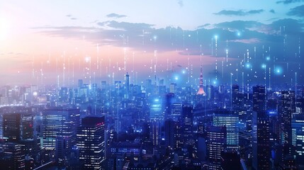 Modern cityscape and communication network concept Telecommunication IoT Internet of Things ICT Information communication Technology 5G Smart city Digital transformation : Generative AI