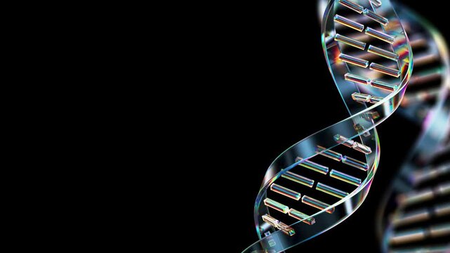 Glass DNA double helix strand rotates on black background loop animation. science and biotechnology concept. 3d render