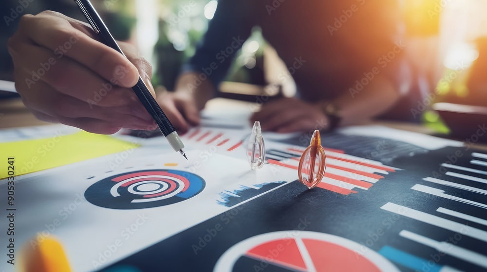 Poster a person's hand points at a pie chart on a table covered in financial data.