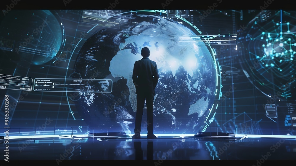Aufkleber businessman presenting futuristic business world metaverse graphic in the form of innovation in digi