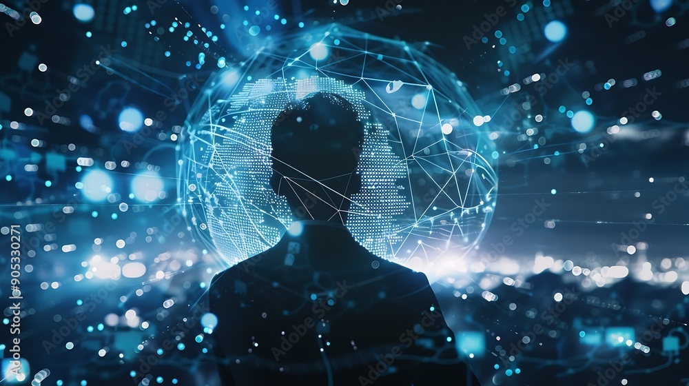 Fototapete Digital transformation internet network technology big data futuristic technology background man using computer with global network connection data link and exchange on virtual screen : Generative AI