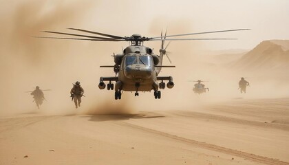 a group of soldiers marching through the dusty desert and support helicopters flying overhead
