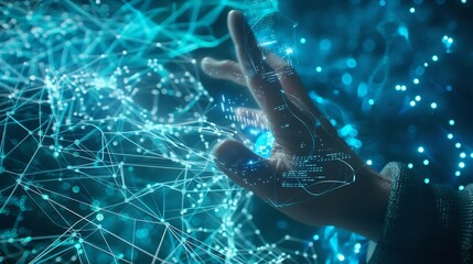 A person interacting with a futuristic holographic interface featuring digital data and connections on a blue background showcasing technology concept : Generative AI