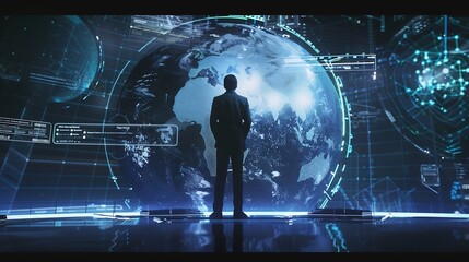 Businessman presenting futuristic business world metaverse graphic In the form of innovation in digital business processing technology innovation of the 21st century : Generative AI