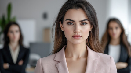 Obraz premium Confident Young Professional A Successful and Good-Looking Woman Team Leader Start-up CEO Lawyer or Boss in an Office Setting Exemplifying Leadership and Professionalism with Her Team in the Back