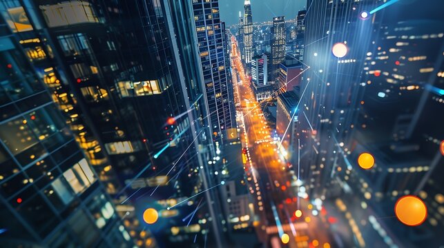 Modern city night view and digital communication network concept Wide angle visual for banners or advertisements : Generative AI